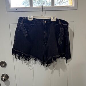 Women's Black Distressed Denim Chain-Trim Shorts